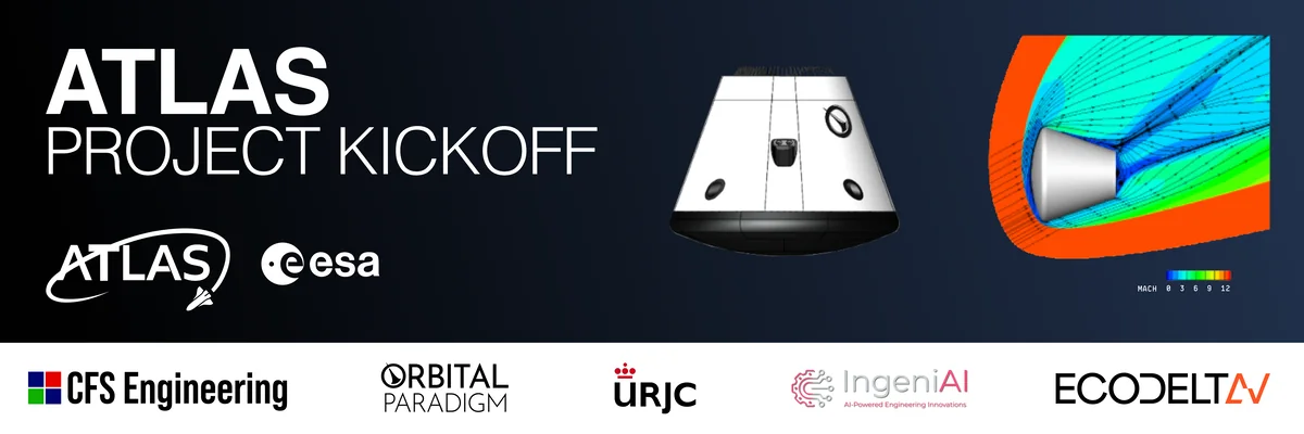 ATLAS project kickoff banner showing a re-entry capsule, CFD flow field, and partner logos